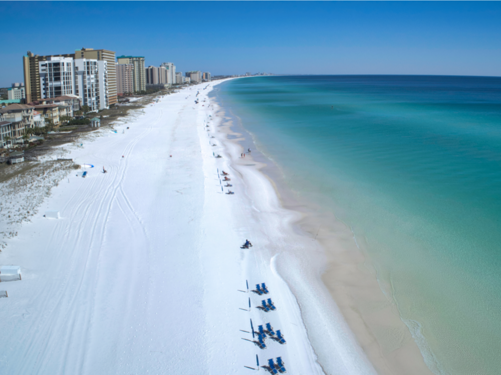 Aerial shot of the gorgeous sandy beach during the best time to visit Destin Florida