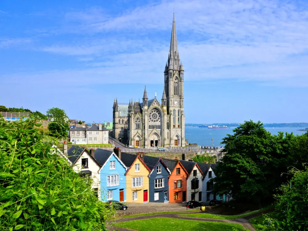 Towering cathedral overlooking the ocean in County Cork during the best time to visit Ireland