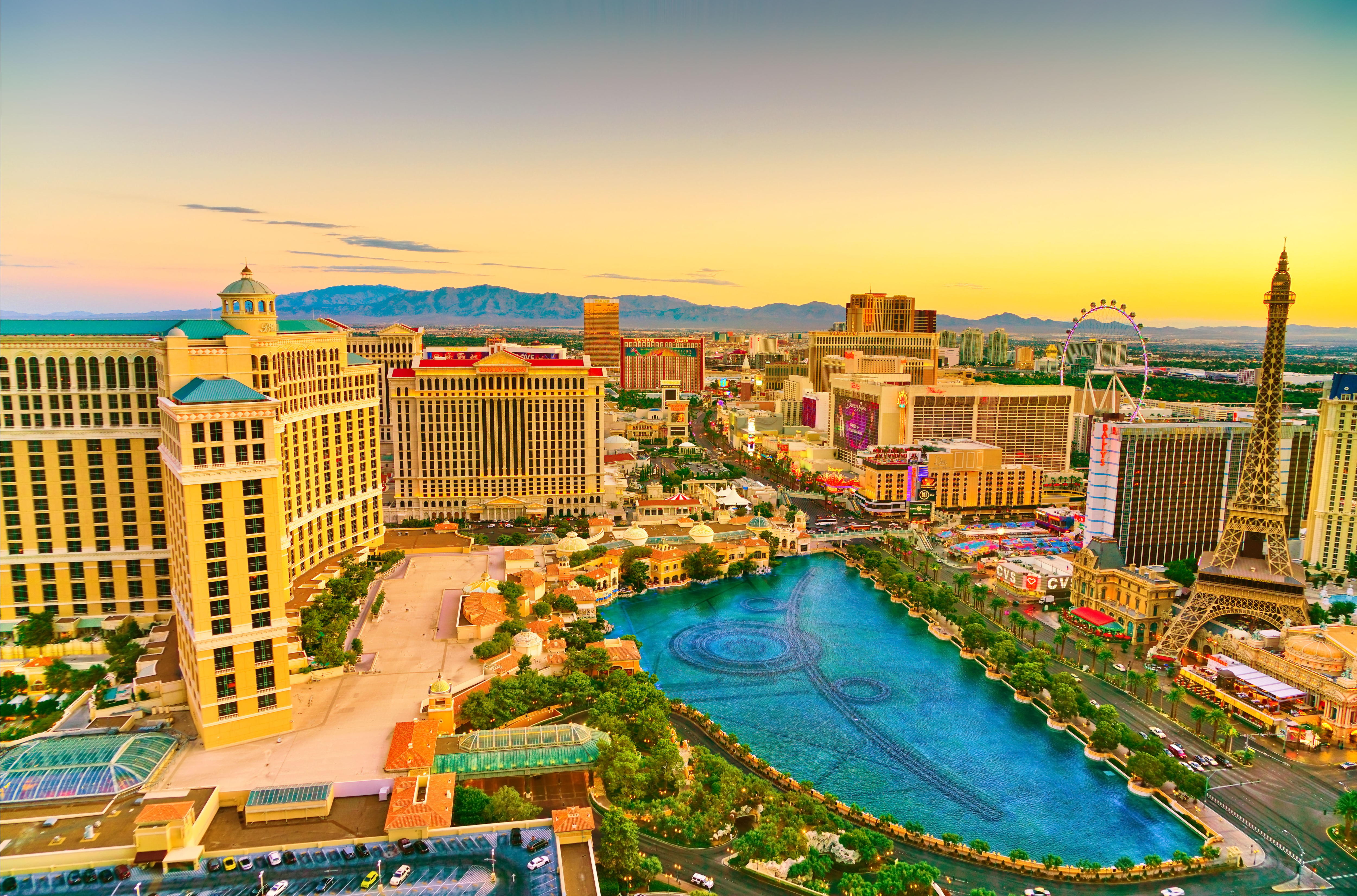 Dusk shot of the Strip above the Bellagio pictured during the worst time to visit Las Vegas