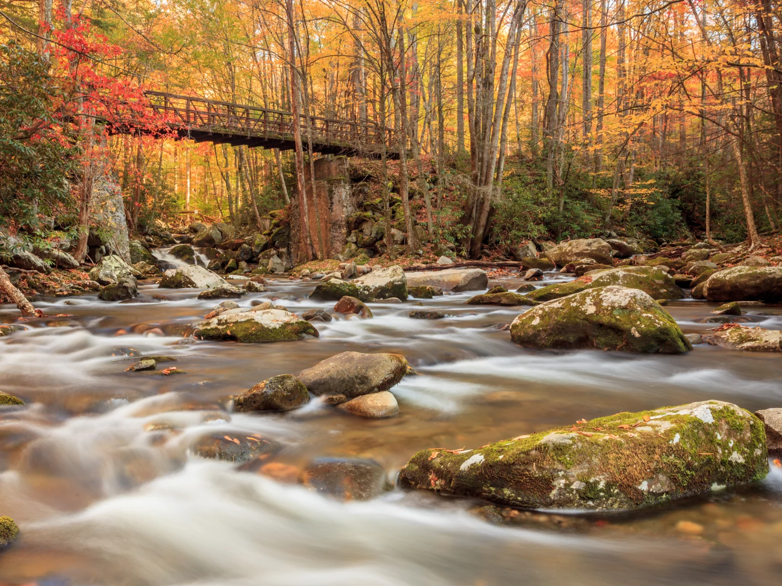 River running under a bridge with a waterfall by a hiking trail in the Smoky Mountains