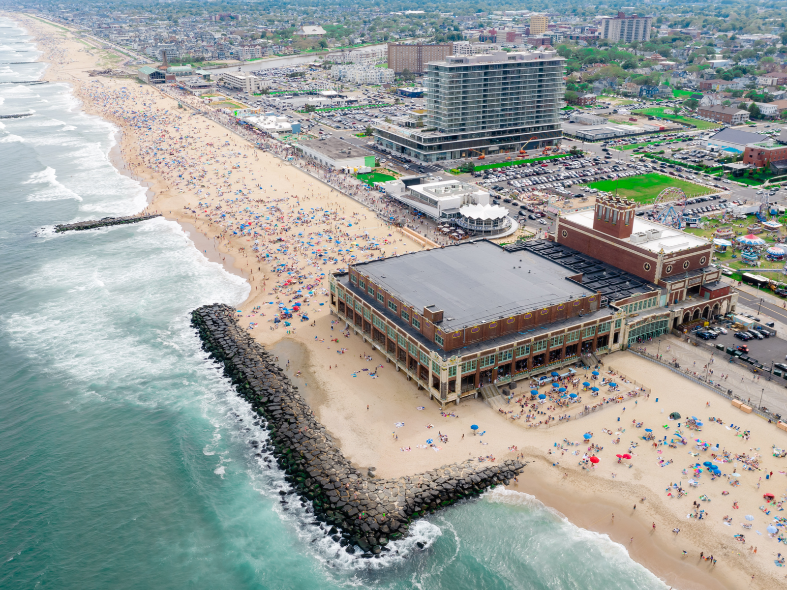 Aerial view on the crowded Asbury Park Beach in New Jersey on a holiday weekend, one of the best beaches on the East Coast