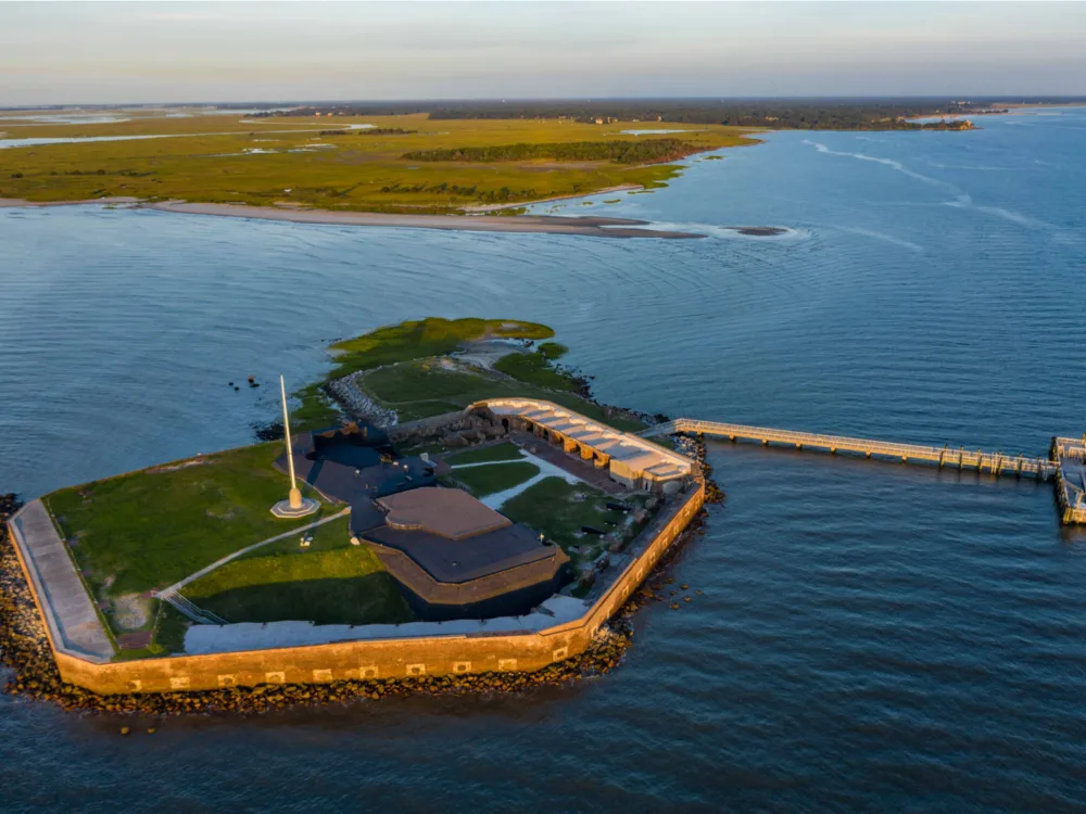 Aerial view on Fort Sumter built on an artificial island during war, one of the most iconic places in America