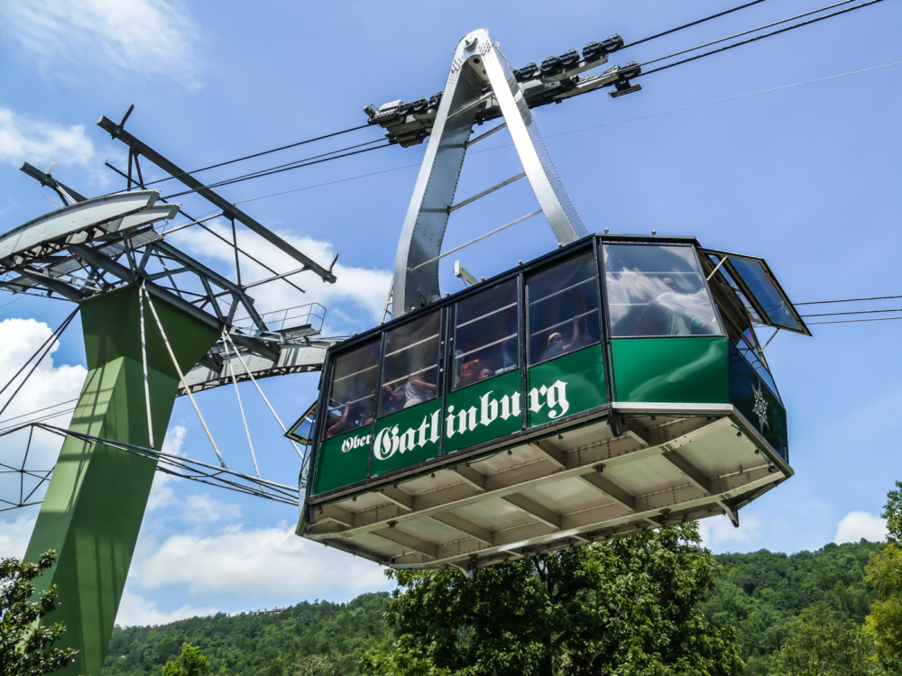 Gatlinburg aerial tramway over the smoky mountains on a sunny day