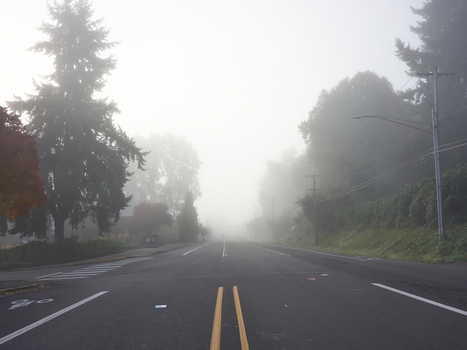 West Linn street with fog in the distance during the worst time to visit Oregon