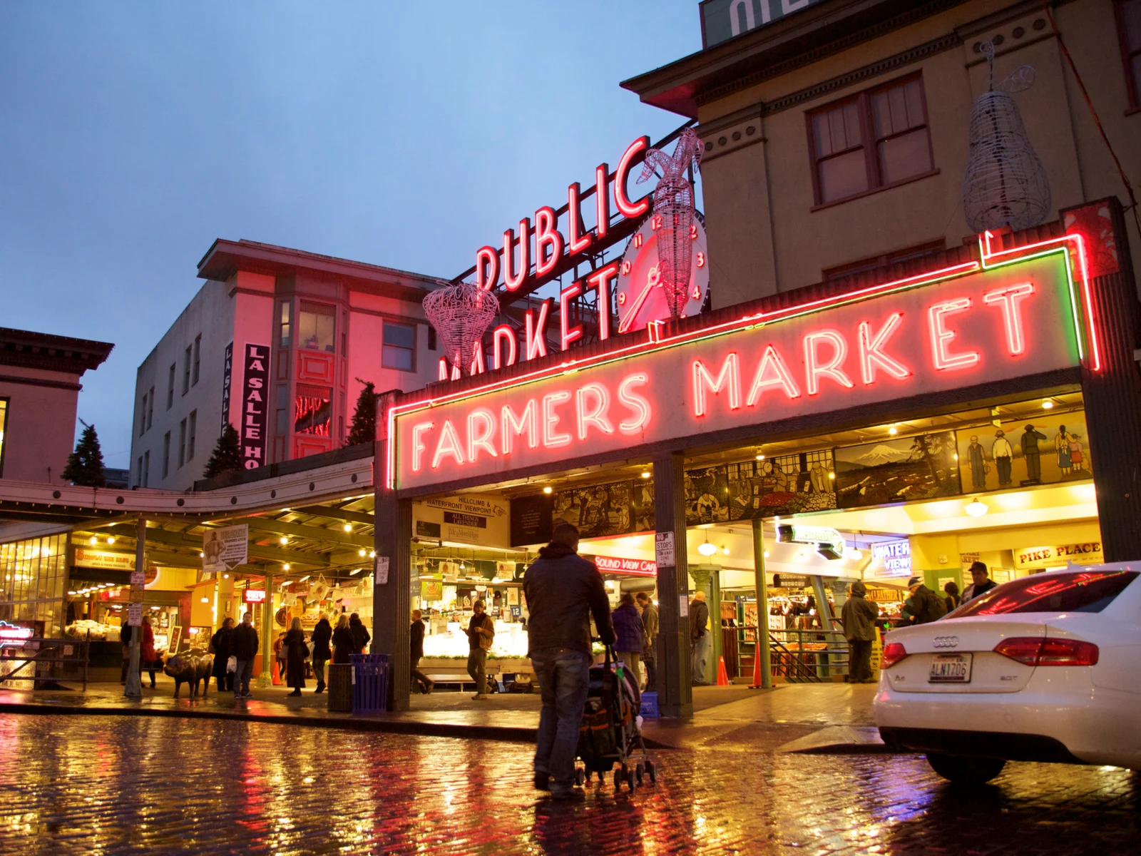 Farmer's Market at the famous Pike Place square pictured in Seattle, one of America's most beautiful cities to visit