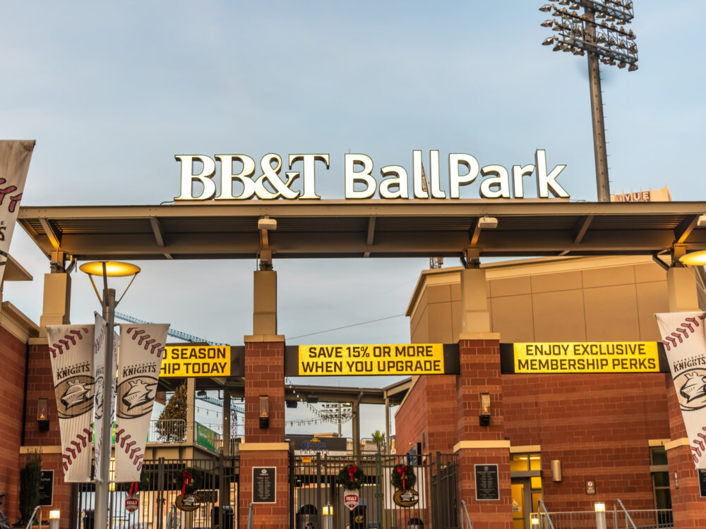 bb&t ballpark, one of the best things to do in charlotte, nc, front entrance with signages about membership perks