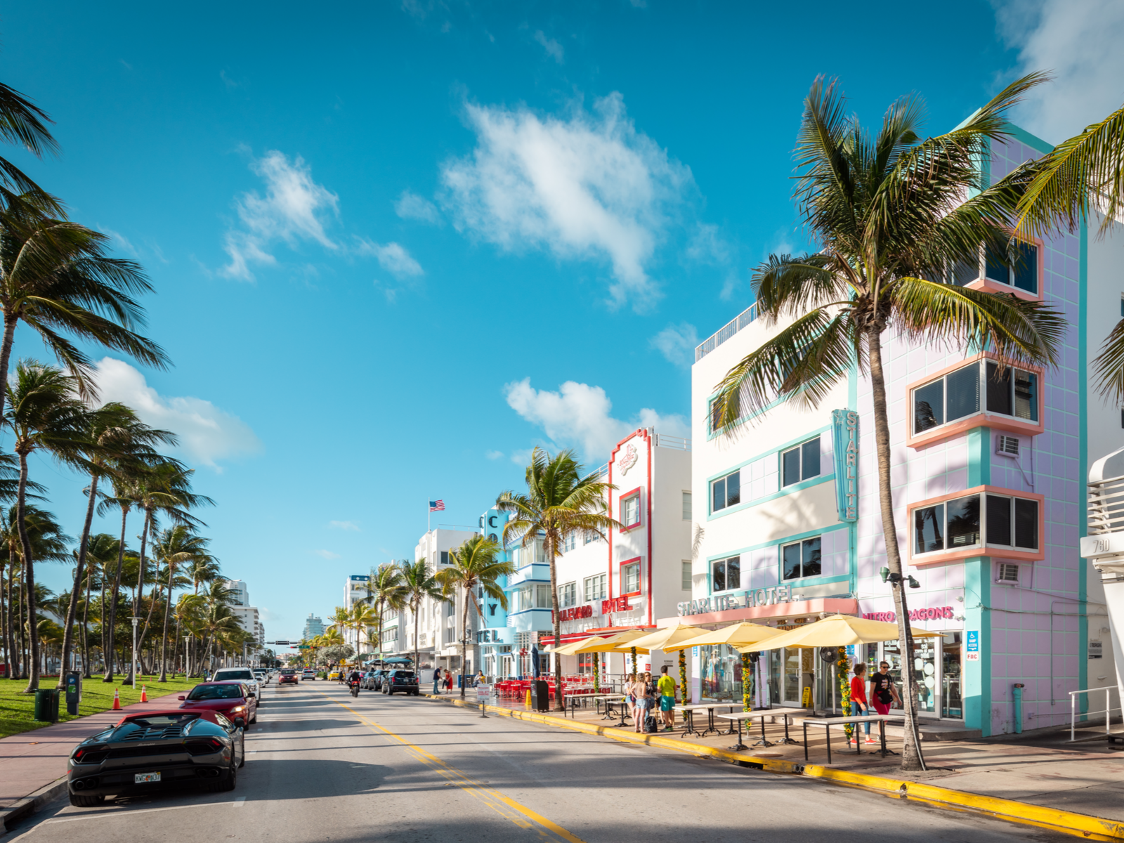 Ocean Drive in the daytime pictured during the best time to go to Miami when it has warm weather and clear skies