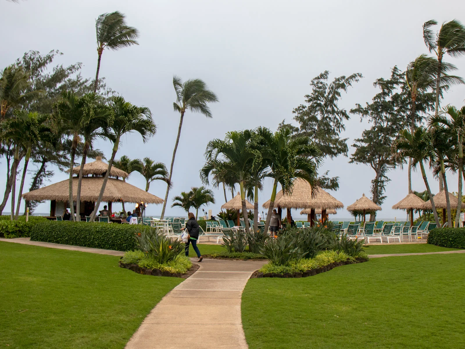 Tiki huts and sun beds encircling the pool at Aston Islander On The Beach, one of the best hotels in Kauai
