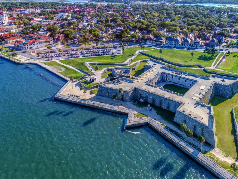 Aerial view on the fortified Castillo de San Marcos beside a sea and the downtown in St Augustine, Florida, one of the best beaches in the US