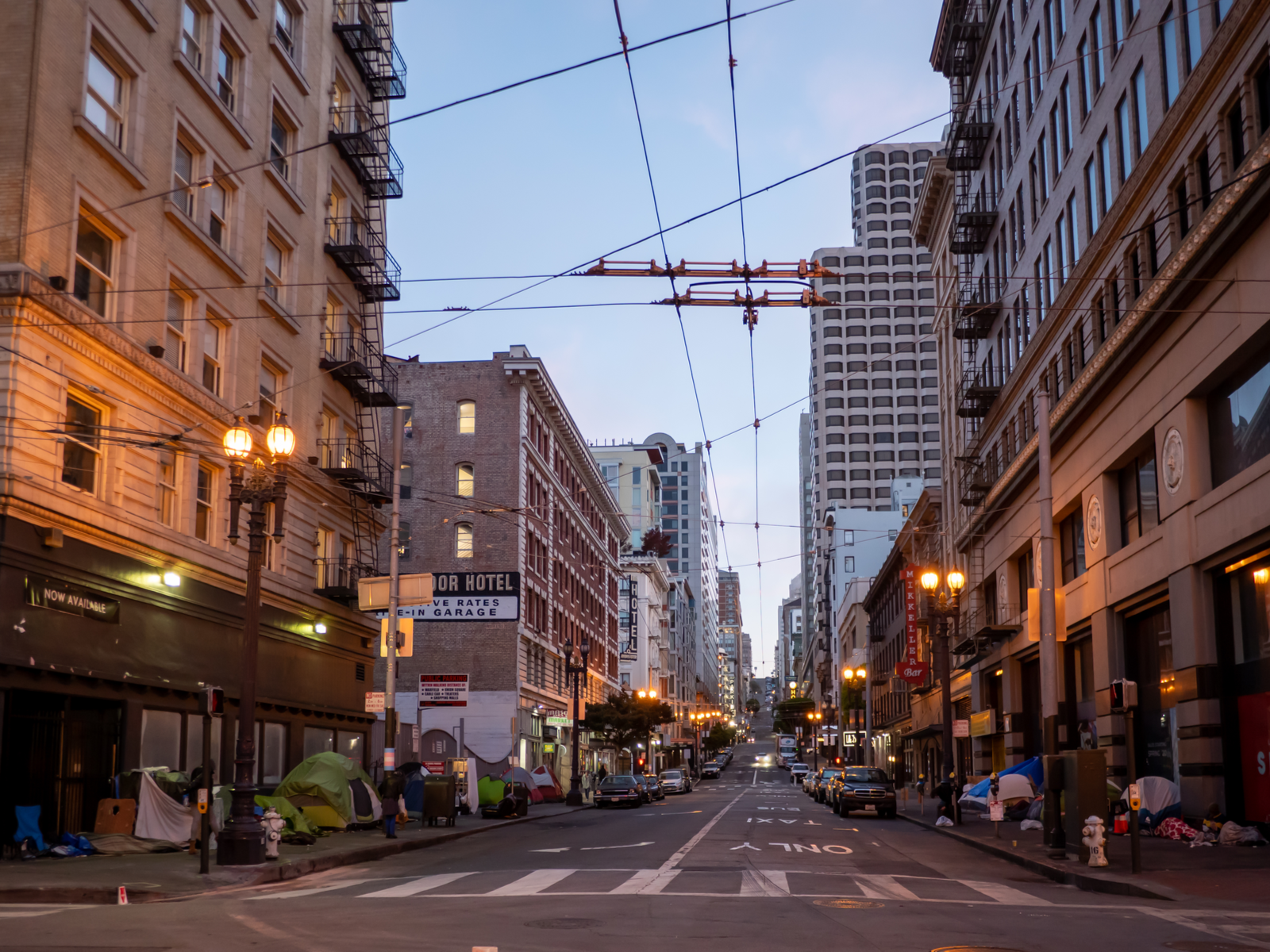 For a post titled Is San Francisco Safe, a bunch of tents in teh Tenderloin District at dawn
