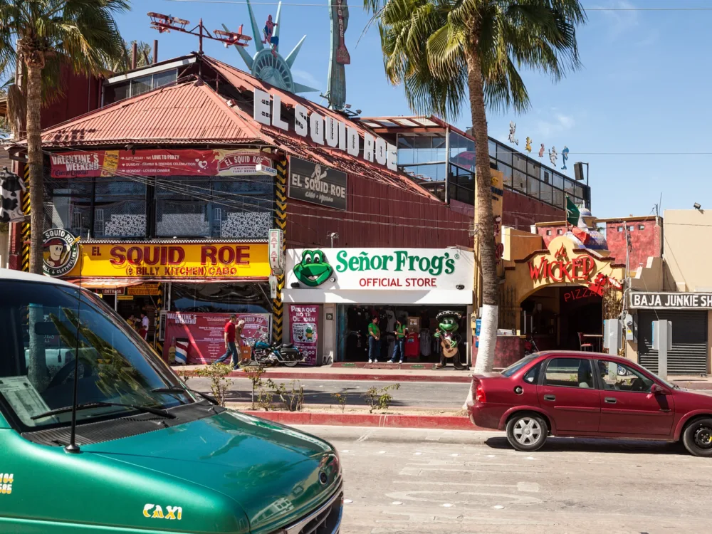 Photo of the front of El Squid Roe and Senor Frogs to help answer is Cabo San Lucas Safe