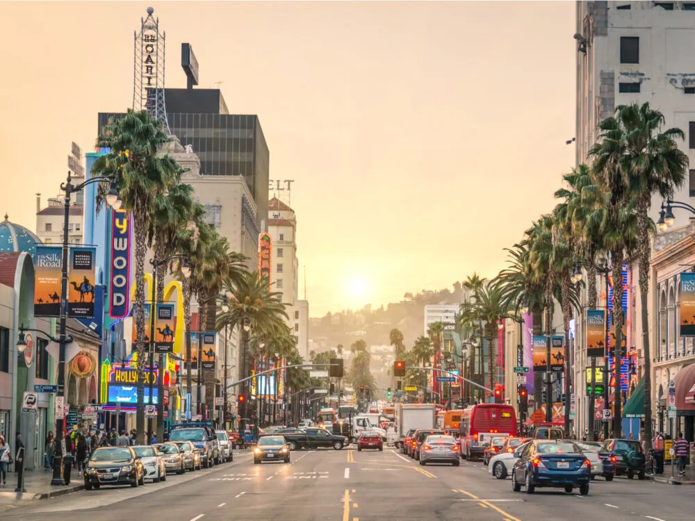 View of Hollywood Boulevard at sunset for a piece titled Where to Stay in Los Angeles