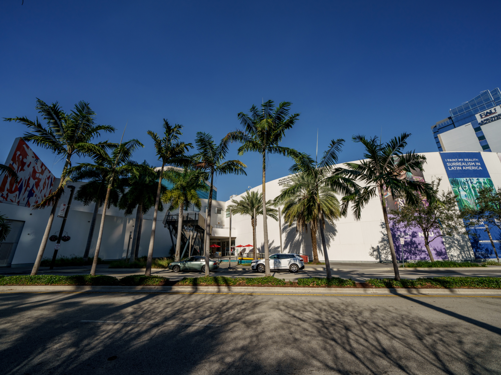 Two cars passing by the a series palm trees of NSU Art Museum, one of the best things to do in Fort Lauderdale