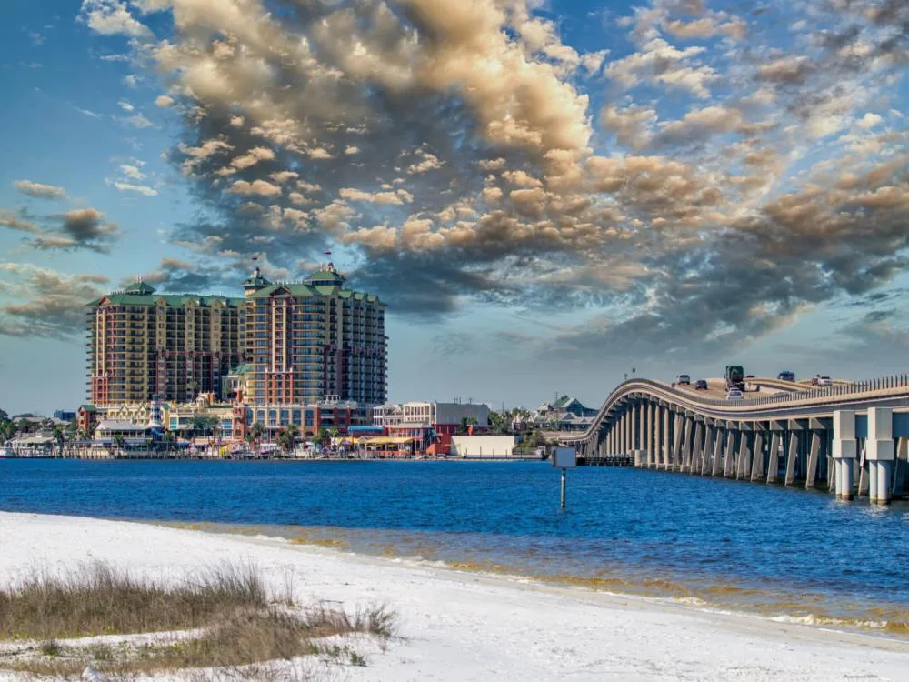 Bridge to downtown pictured during the cheapest time to visit Destin, Florida, the winter
