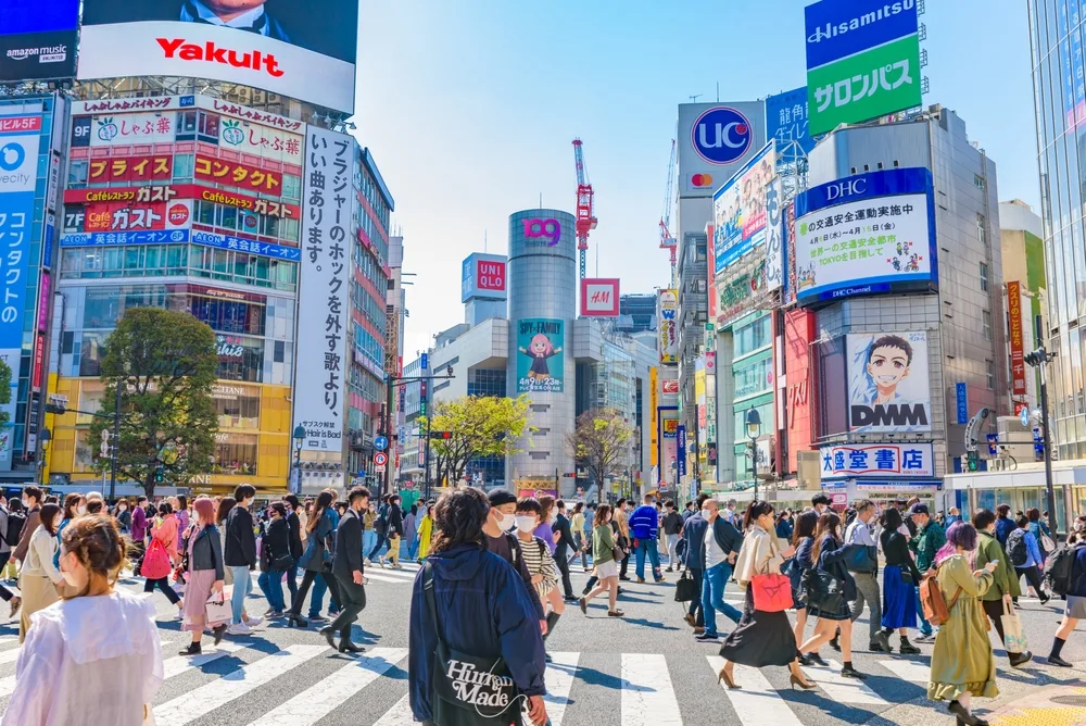 Many people crammed into the busy Shibuya Crossing in Japan during the country's best time to visit, the spring