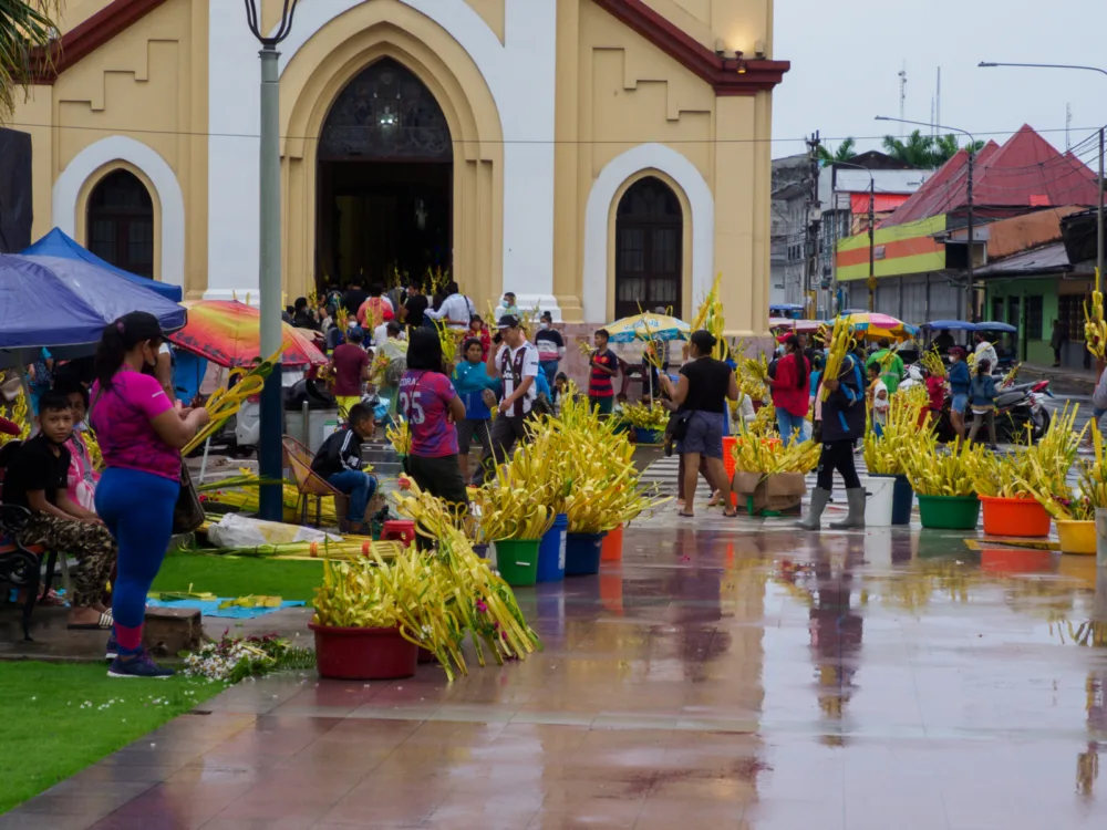 Iquitos crowd gathering on Palm Sunday during the worst time to visit Peru
