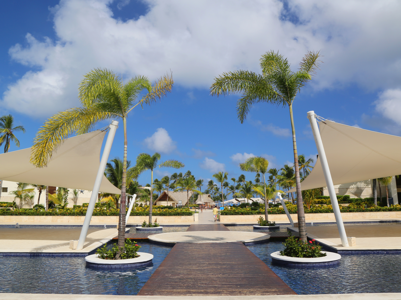 Palms trees planted by the pool along a footpath across the pool span in Royalton All-inclusive Resort and Casino, one of the best all-inclusive resorts in Punta Cana