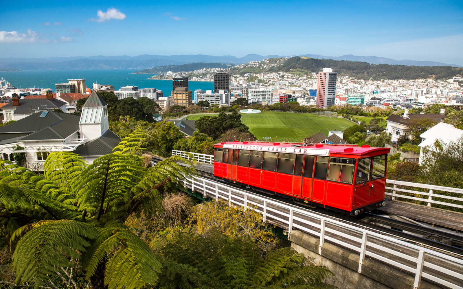 View of a cable car with the ocean and town in the background for a piece on the best time to visit New Zealand