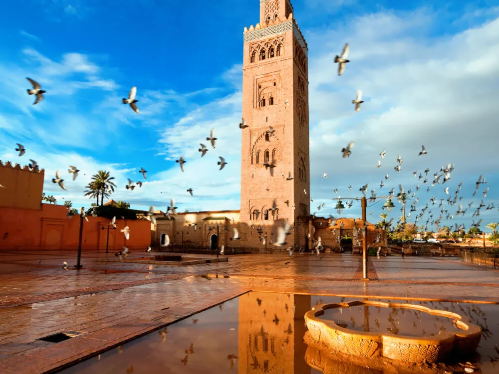 Rainy day at the Koutoubia mosque during the worst time to visit Morocco