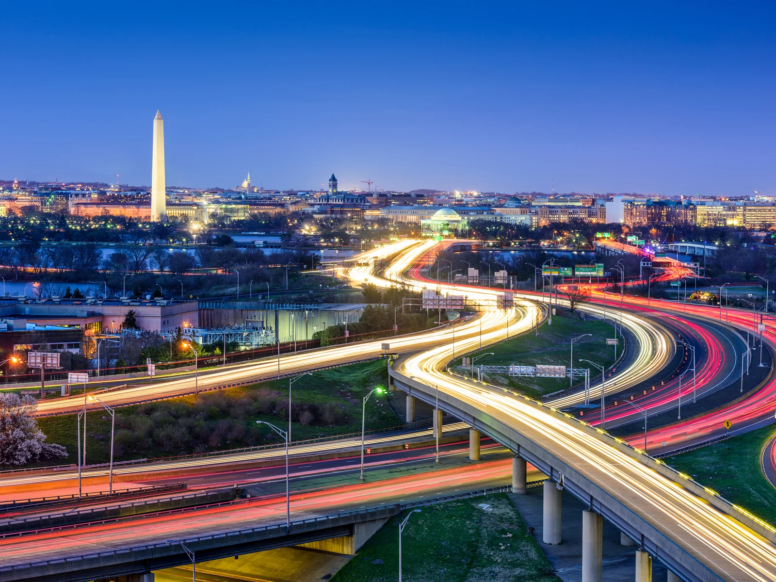 A wide view of the majority of Washington at dusk showcasing the best things to do in Washington, D.C.