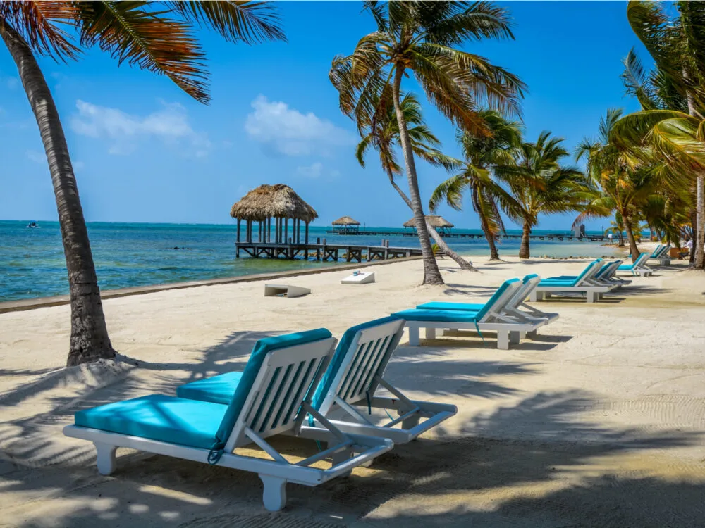 Empty beach with upholstered teal chairs overlooking the water below palm trees for a piece titled Where to Stay in Belize