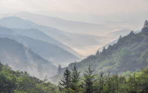 Image from the summit of one of the peaks as seen during the best time to visit the Smoky Mountains with fog on the horizon and in the valleys
