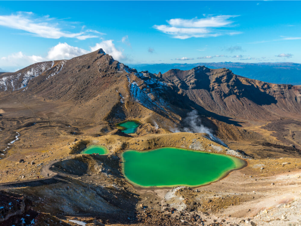 Overhead view Emerald Lakes and the skyline of Tongariro National Park, one of the most iconic Lord of the Rings filming locations