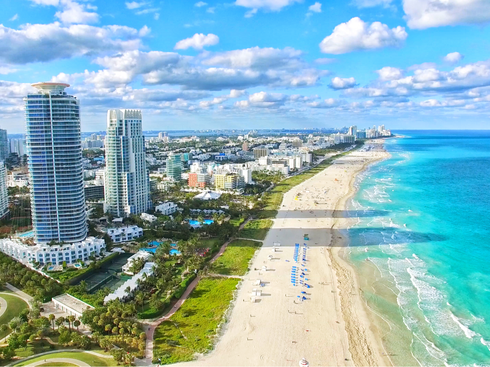 Arerial view on the vast shore of Miami Beach in Florida, considered as one of the best beaches on the East Coast, enjoyed by many visitors and series of big hotels along the beach