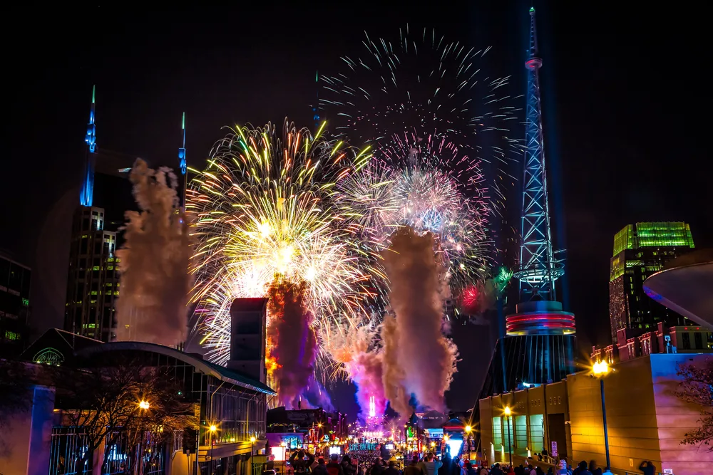 Amazing view of the Nashville New Year's party pictured with fireworks bursting above the downtown area