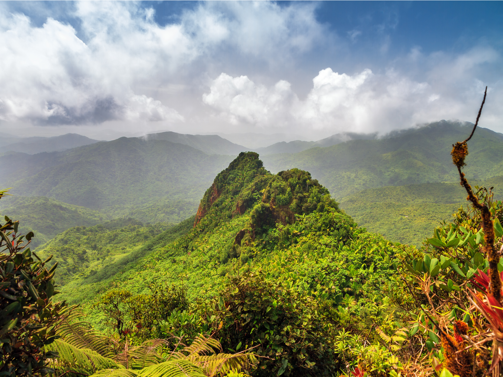 Clouds hovering over the lush hills at El Yunque National Rainforest, a piece on the best places to visit in Puerto Rico
