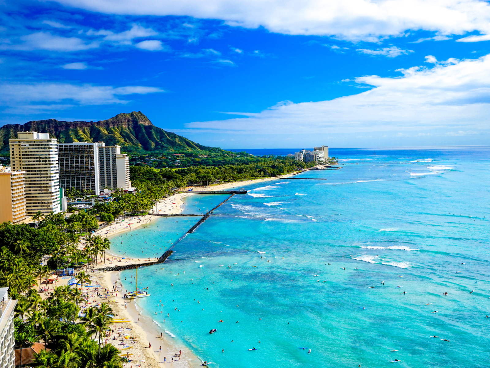 Aerial view of Waikiki beach during the best time to visit Oahu