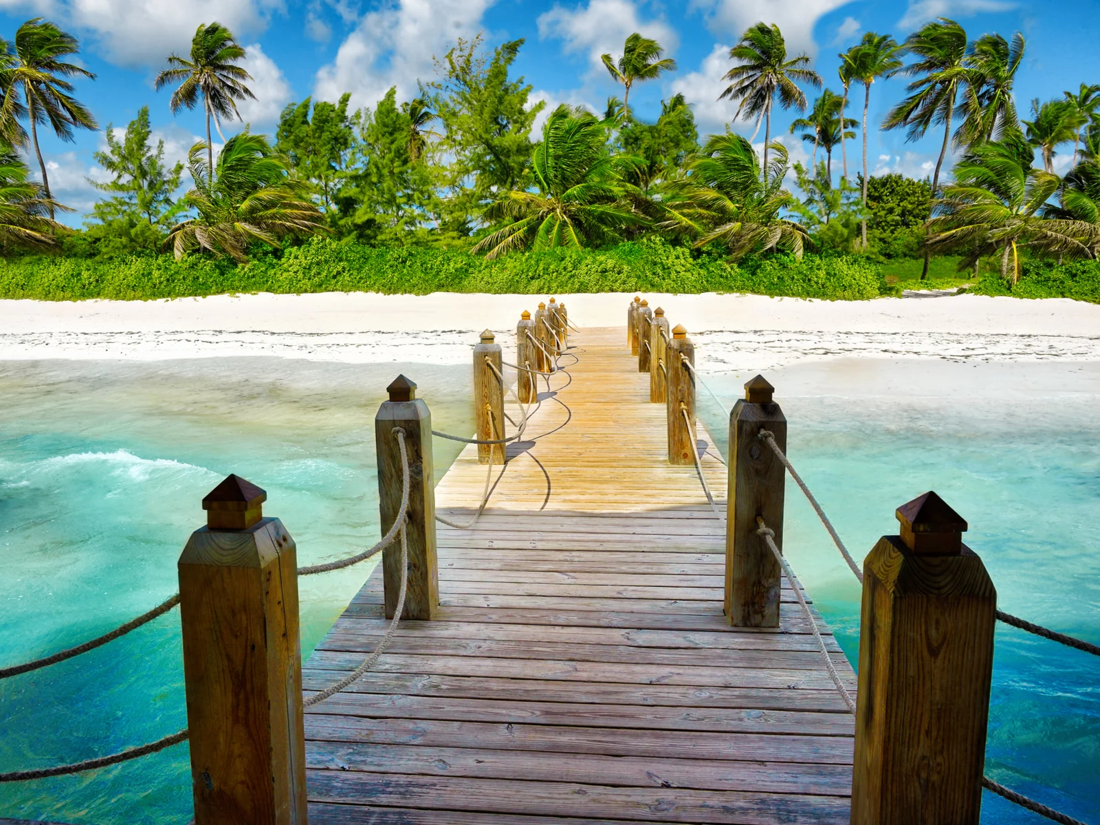 Tropical white sandy beach with a dock with rope railings leading to the forest
