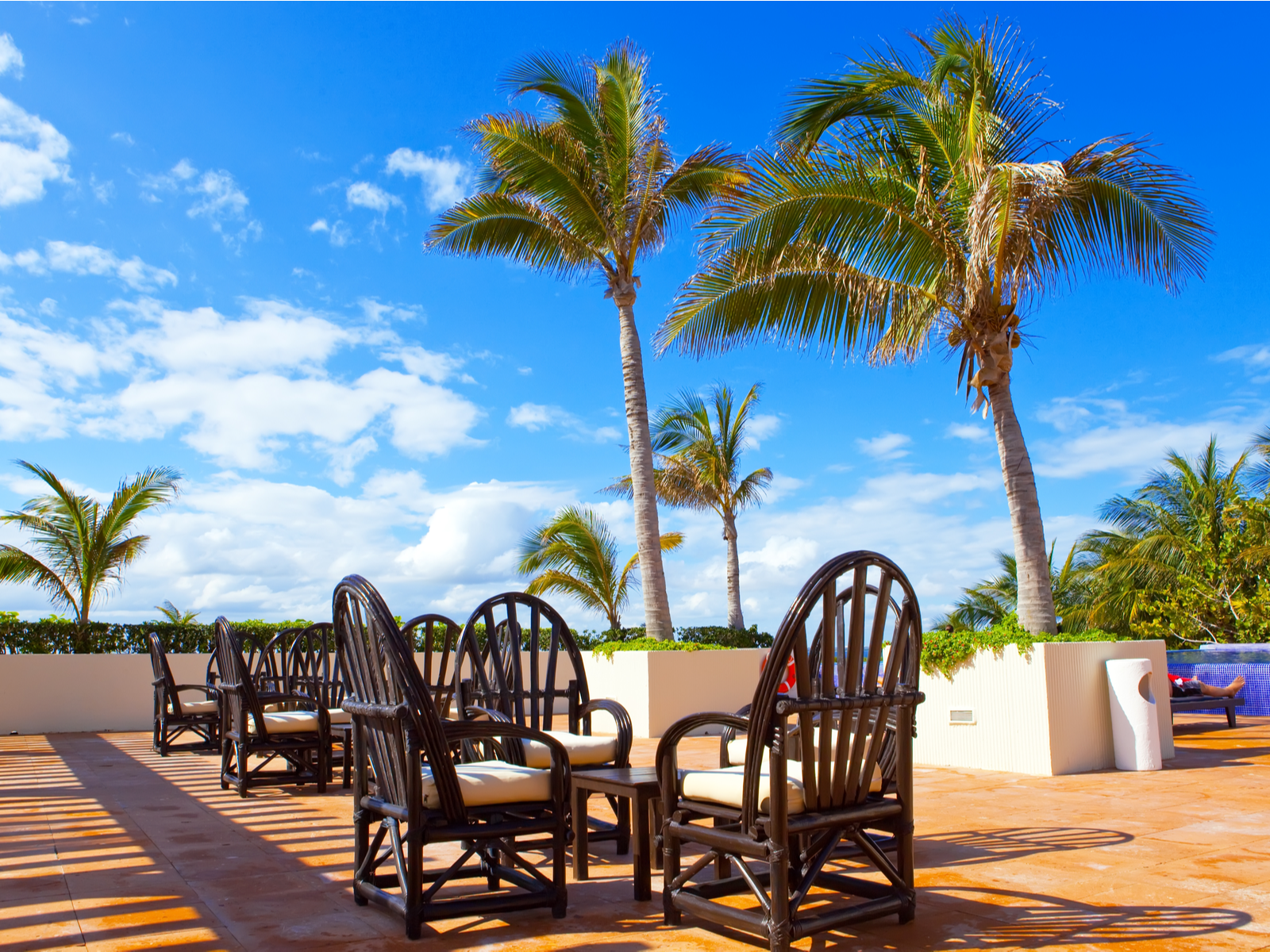 Partly cloudy blue skies over coconuts and empty Rattan chairs at Dreams Natura Resort & Spa, named as one of the best all-inclusive resorts in Mexico