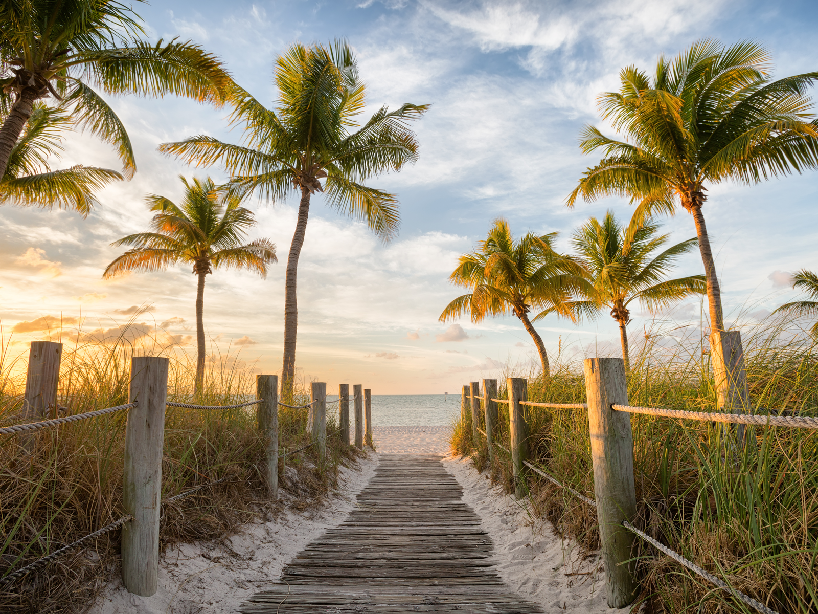 Empty wooden footbridge in between palm trees leading to the calm Smathers Beach, one of the best things to do in Key West, on a lovely sunrise