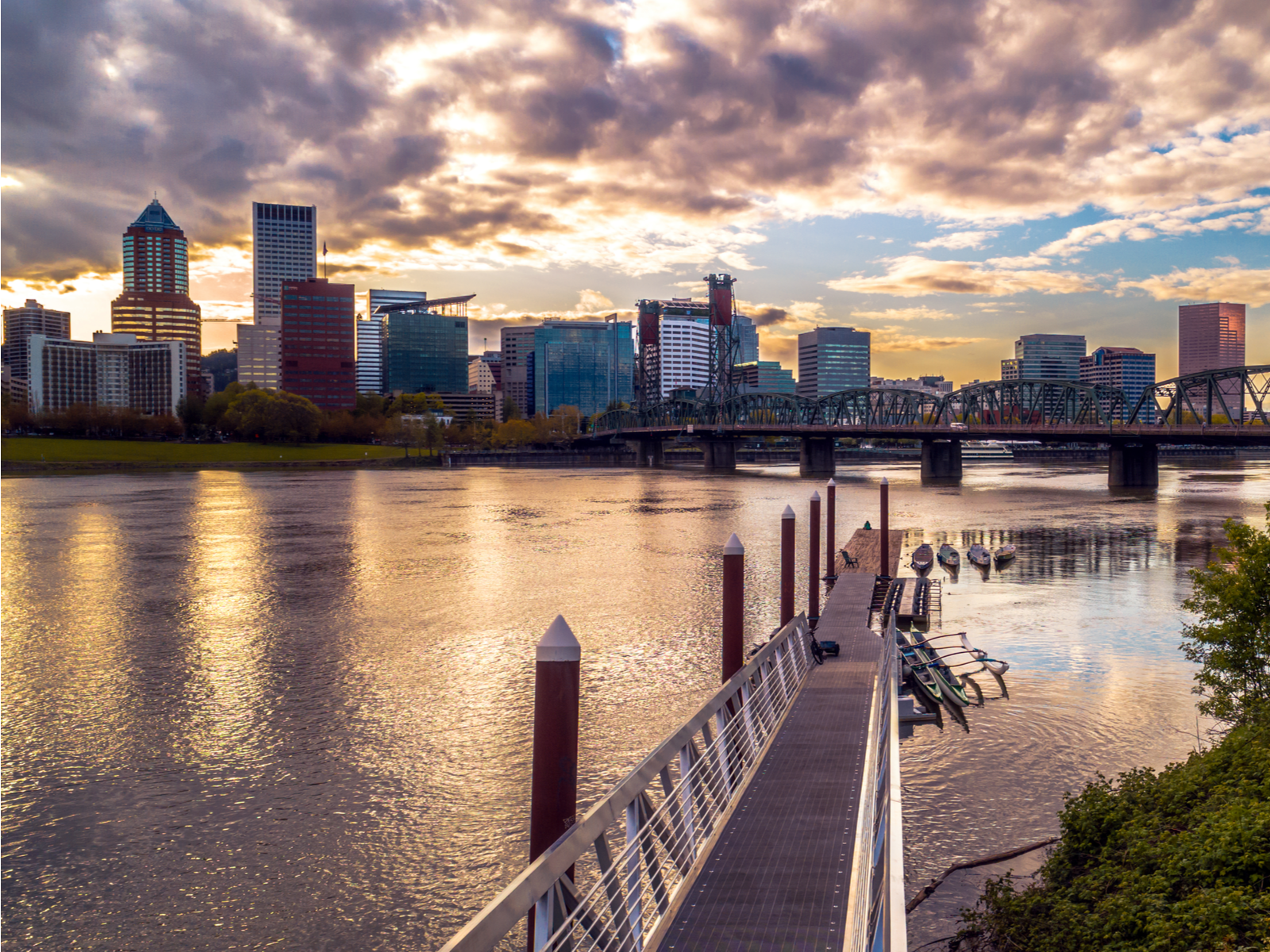 cityscape in the background of the shot at sunset for a post titled Is Portland Oregon safe