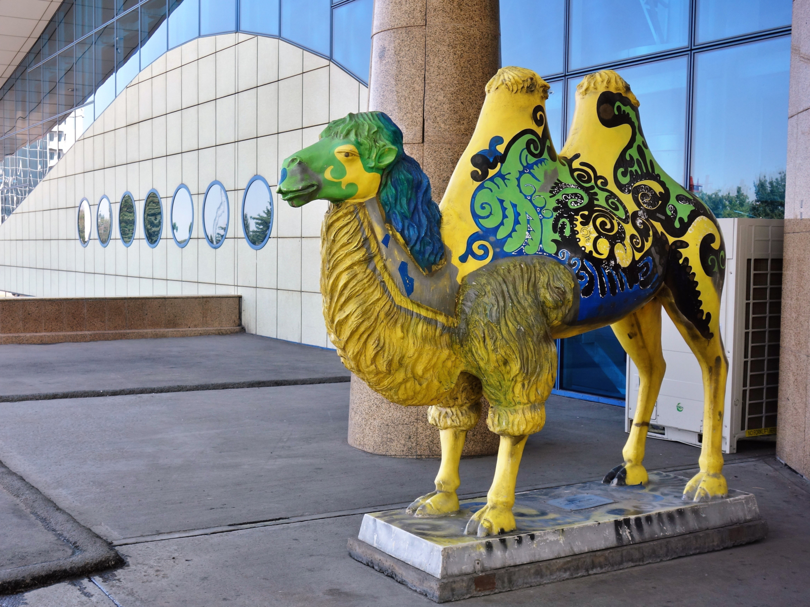 Camel statue outside the Almaty airport for a piece titled Is Kazakhstan Safe