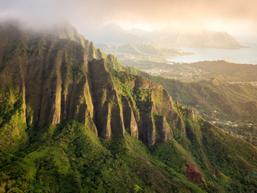 View from the summit of the Koolau Mountain Range on the Island of Oahu during the worst time to visit