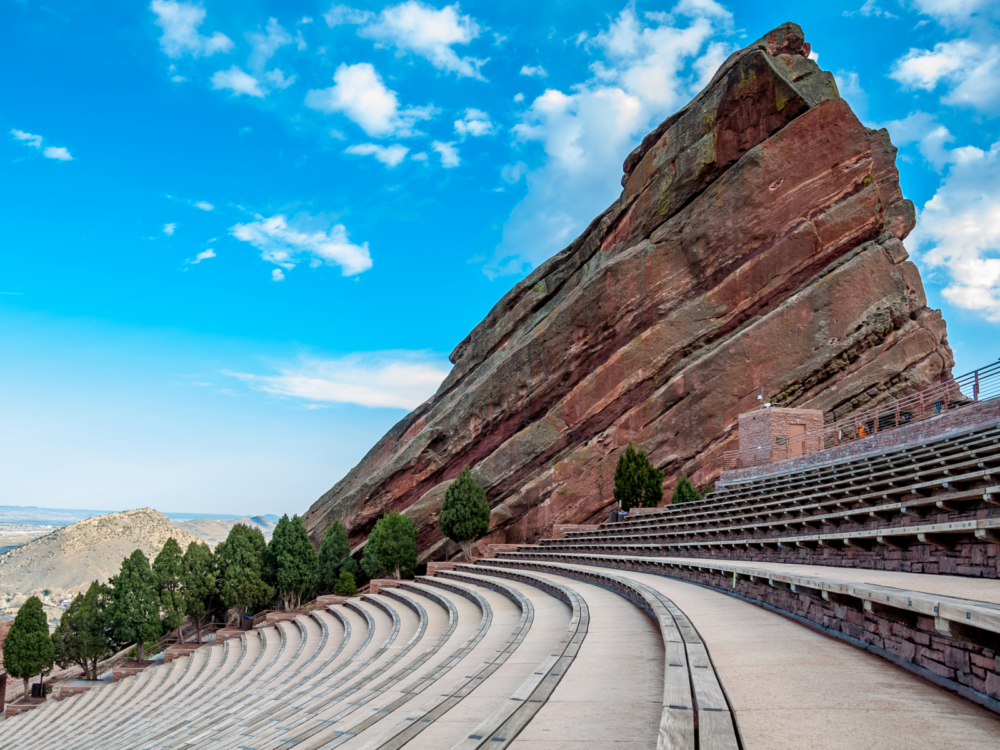 Historic Red Rocks ampitheater on a sunny day during the best time to go to Denver