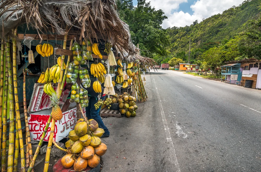 Neat fruit stand on the roadside in Bog Walk for a guide titled best time to visit Jamaica
