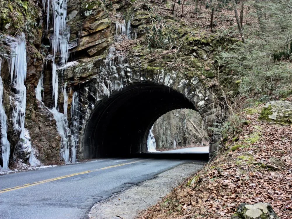 Smokey Mountains Tunnel pictured with snow on either side