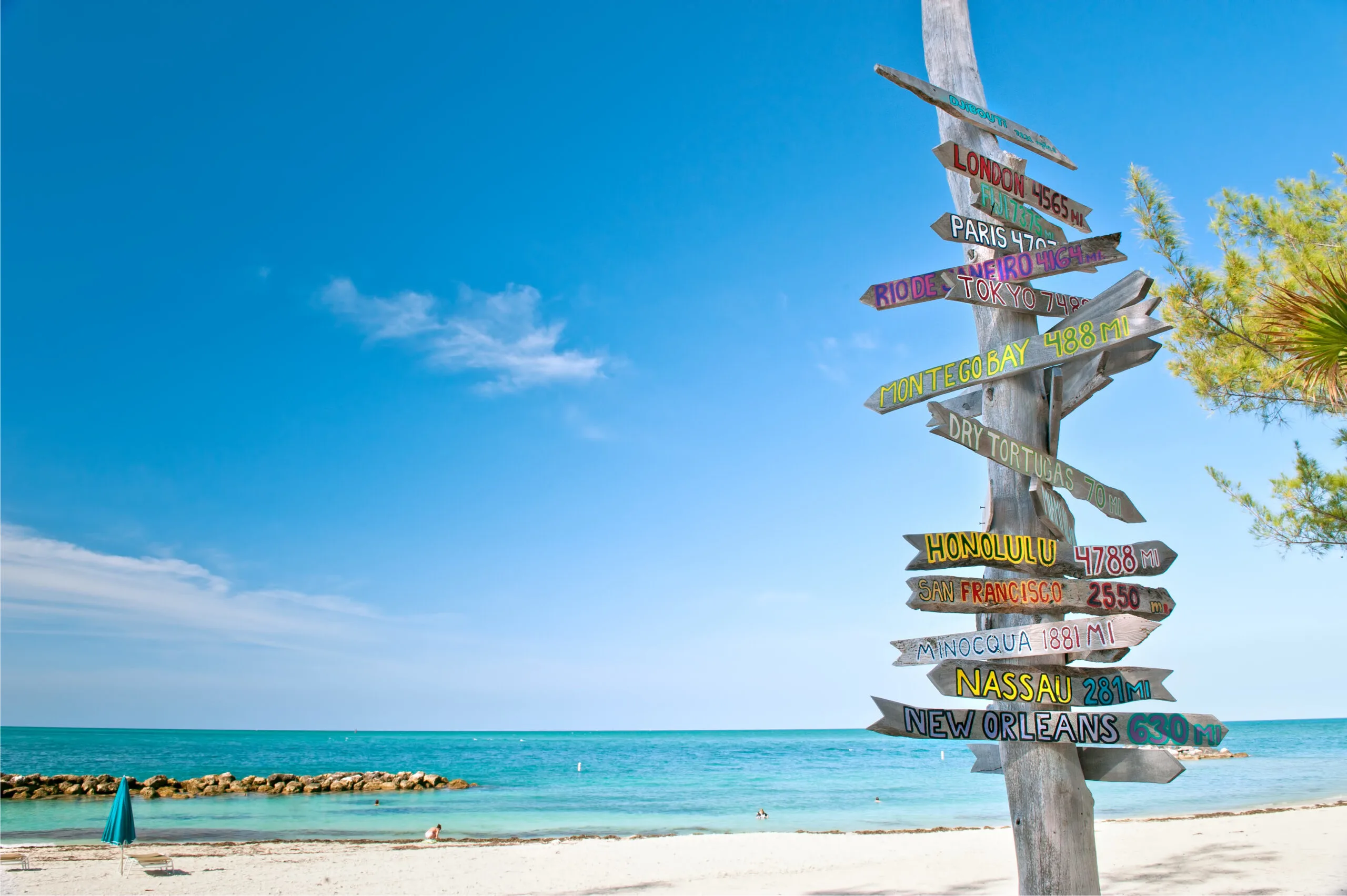 Mileage signs on a wooden post on a beach on a clear day during the best time to go to the Florida Keys