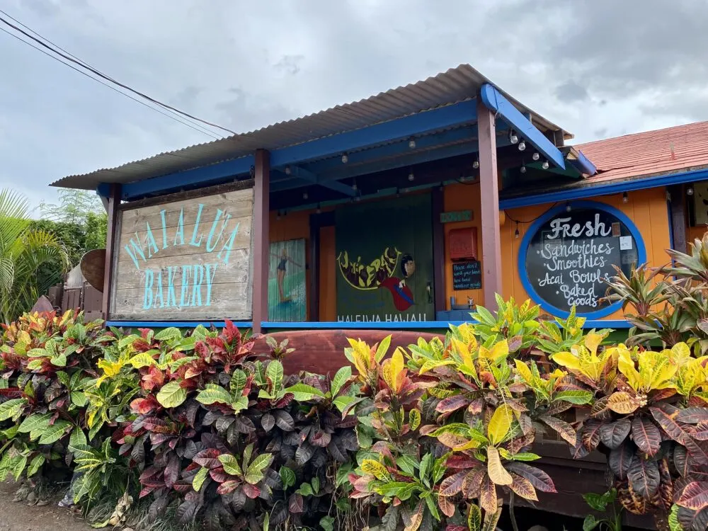 The storefront of the Waialua Bakery & Juice Bar surrounded by tropical plants, a place to buy cheap but delicious refreshments and one of the best things to do in Oahu
