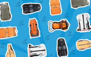 Best Backpacks for Hiking pictured in a lay flat-style image on a blue background with vector icons