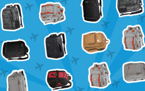 Best Travel Backpacks for Women pictured in a lay flat-style image on a blue background with vector icons