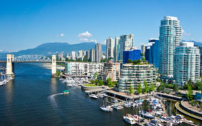 Gorgeous aerial view of the downtown river area pictured during the best time to visit Vancouver