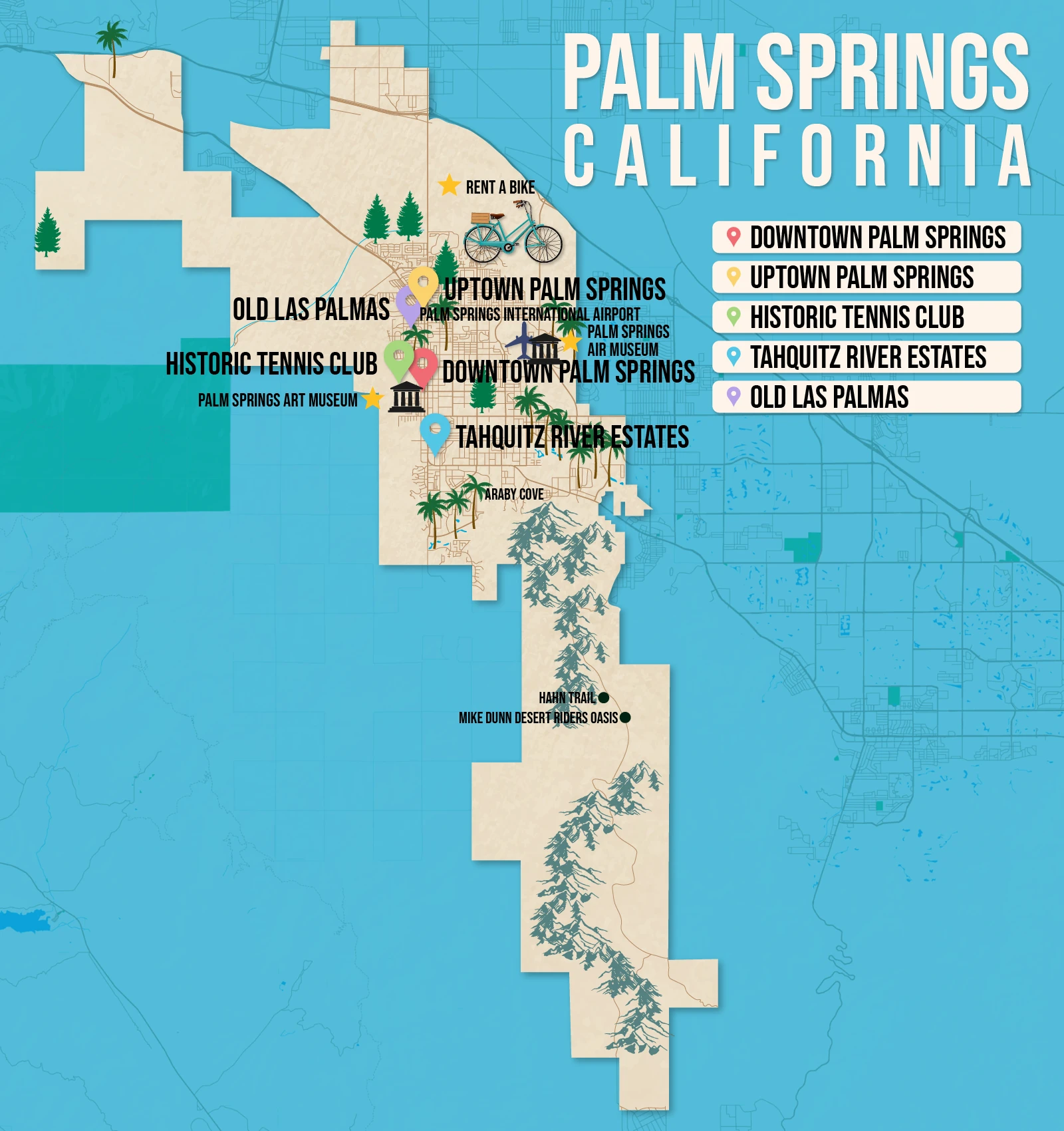 Vector map of Palm Springs pictured with several of the best places to stay and attractions to visit