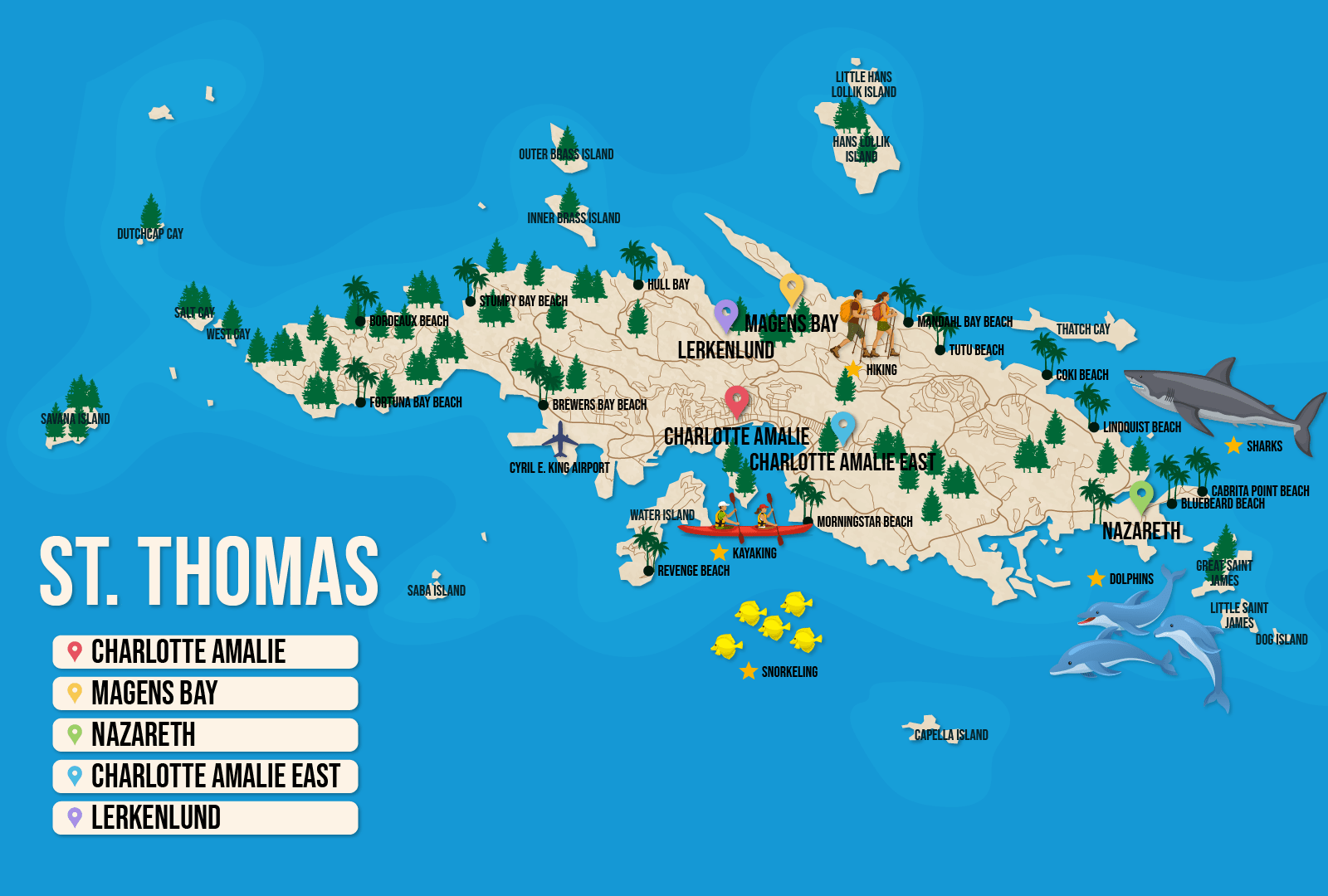 Vector map of St. Thomas, pictured with several of the best places to stay and attractions to visit