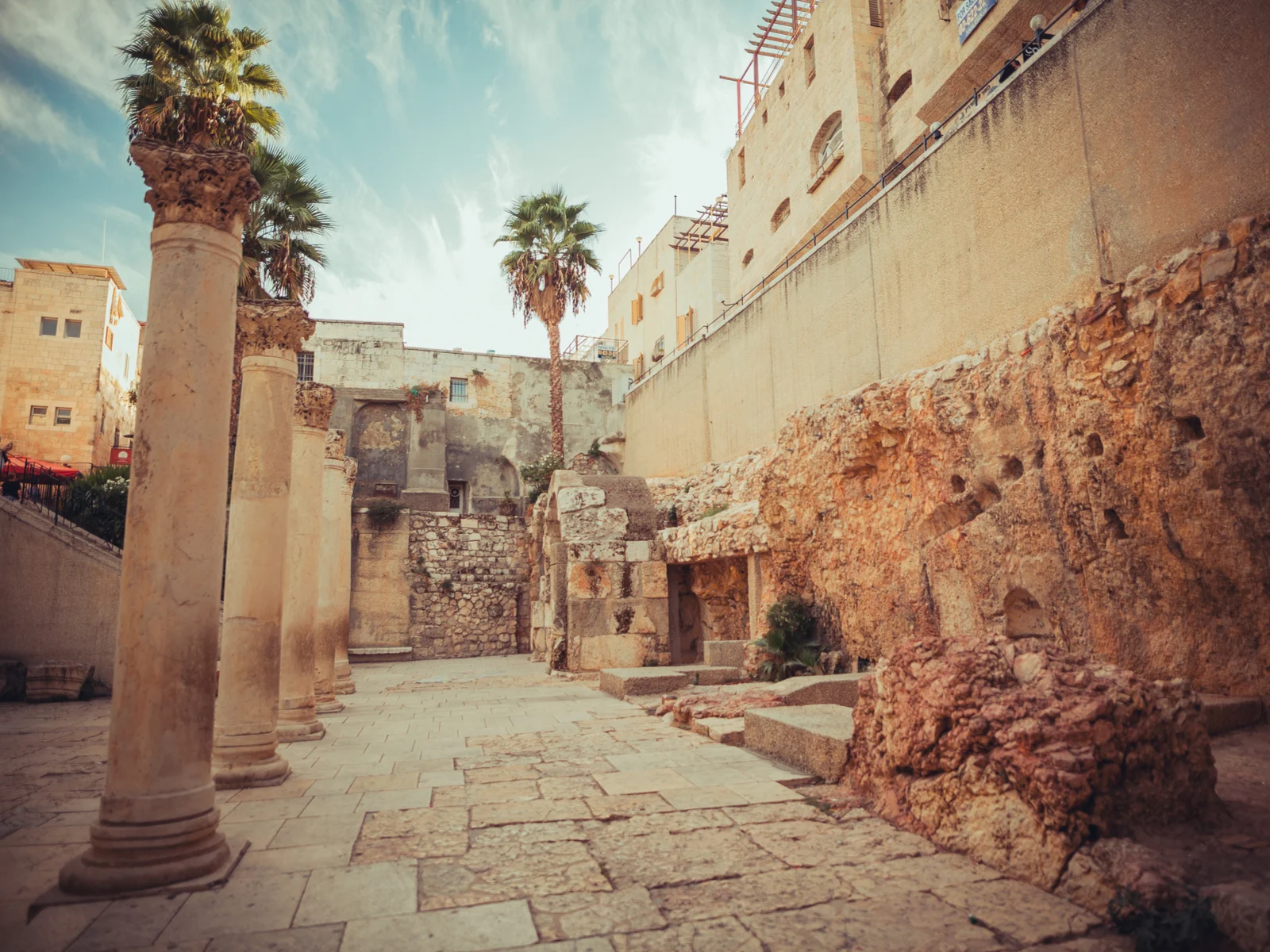 Ancient Roman Cardo Street pictured with trees growing out of the pillars during the best time to visit Israel