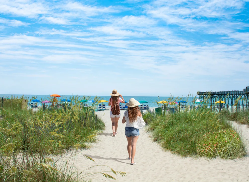 Image of two women walking along a pathway to a beach for a piece titled Is Myrtle Beach Safe to Visit