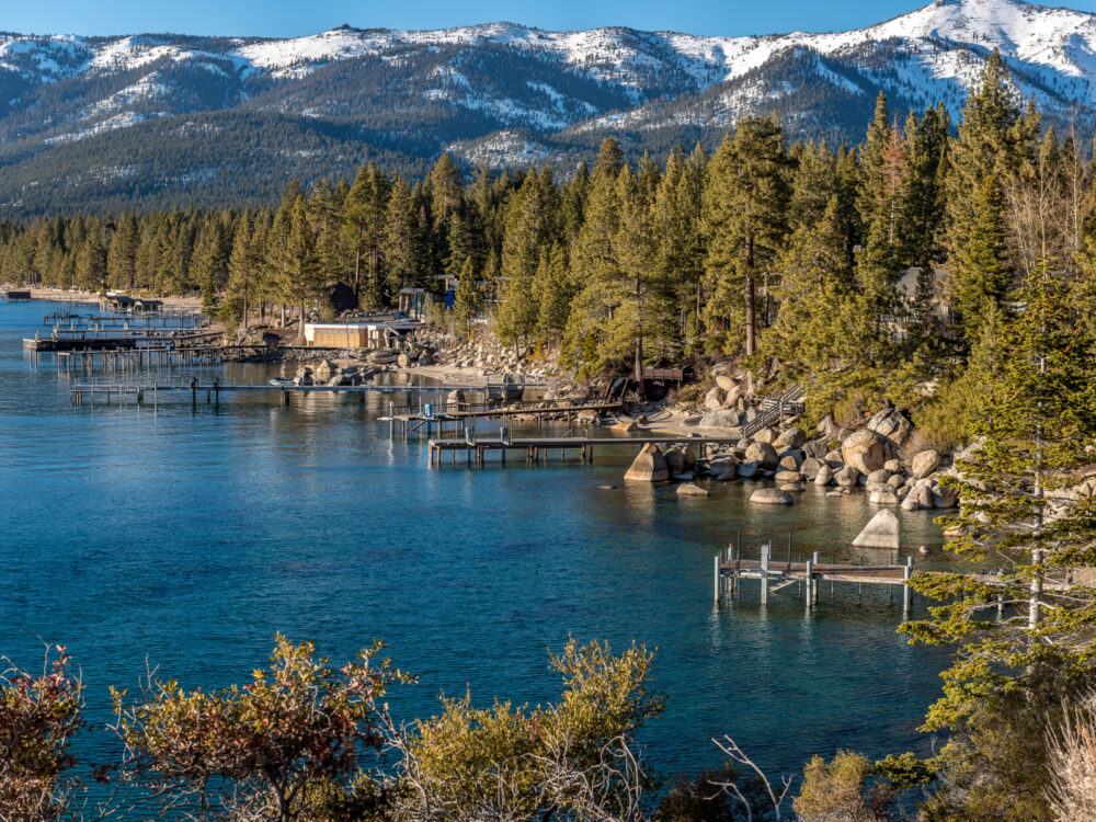 Docks along the water on Incline Village, one of the best places to stay in Lake Tahoe